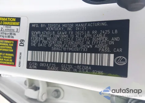 2021 Lexus Es 350 F Sport z USA, uszkodzony, nr VIN 58AGZ1B11MU097793